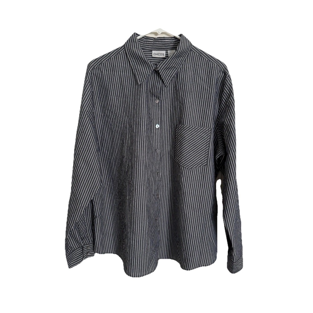 Chico's Button Up Shirt Blouse Top Striped Women Size 3 (XL) Classic Pocket